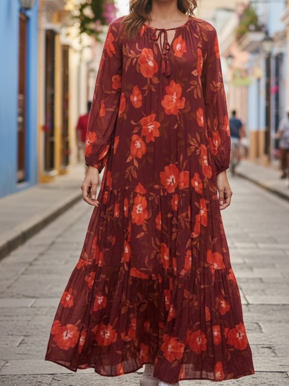 Sonoma Floral Red Maxi Long Sleeve Peasant Tiered Flowy Boho Dress Size L